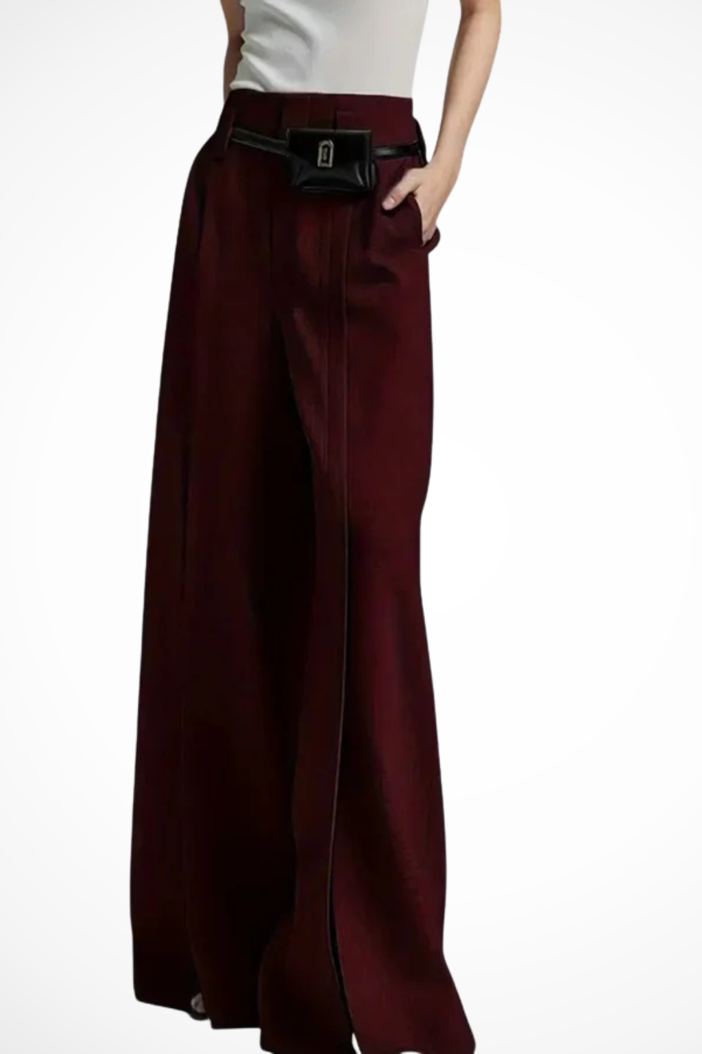 Detailed shot of the belt on women's high-waist wide leg tailored trousers, emphasizing quality and style.
