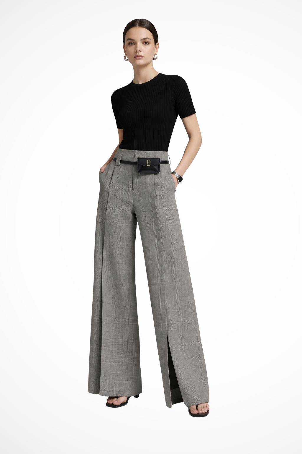 Versatile women's fashion trousers: tailored wide leg, high waist, and belt detail for elegant or casual looks.