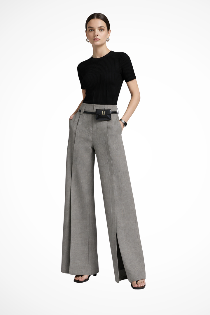 Versatile women's fashion trousers: tailored wide leg, high waist, and belt detail for elegant or casual looks.