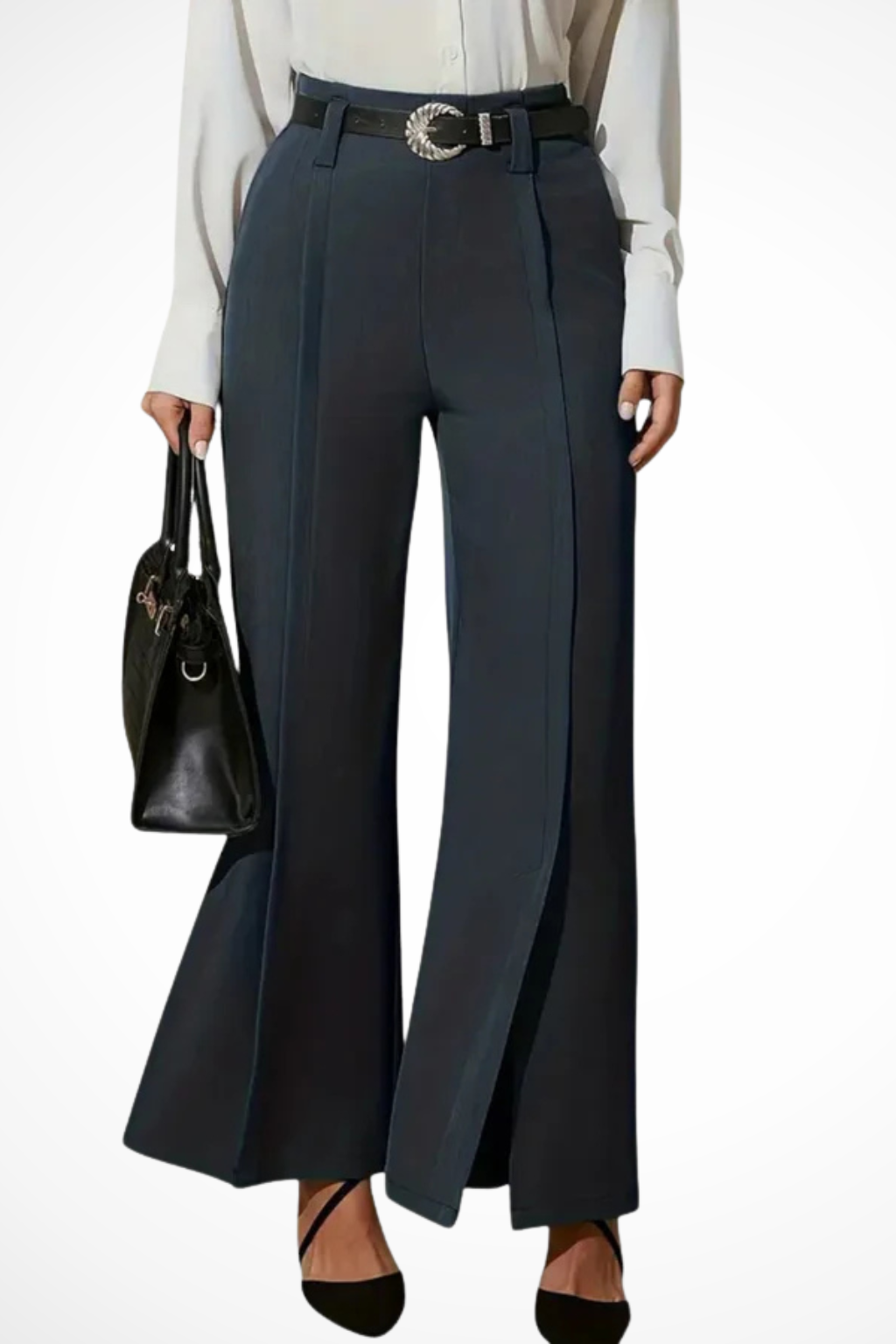 Front view of women's tailored wide leg trousers, highlighting the pleated front and stylish belt detail.
