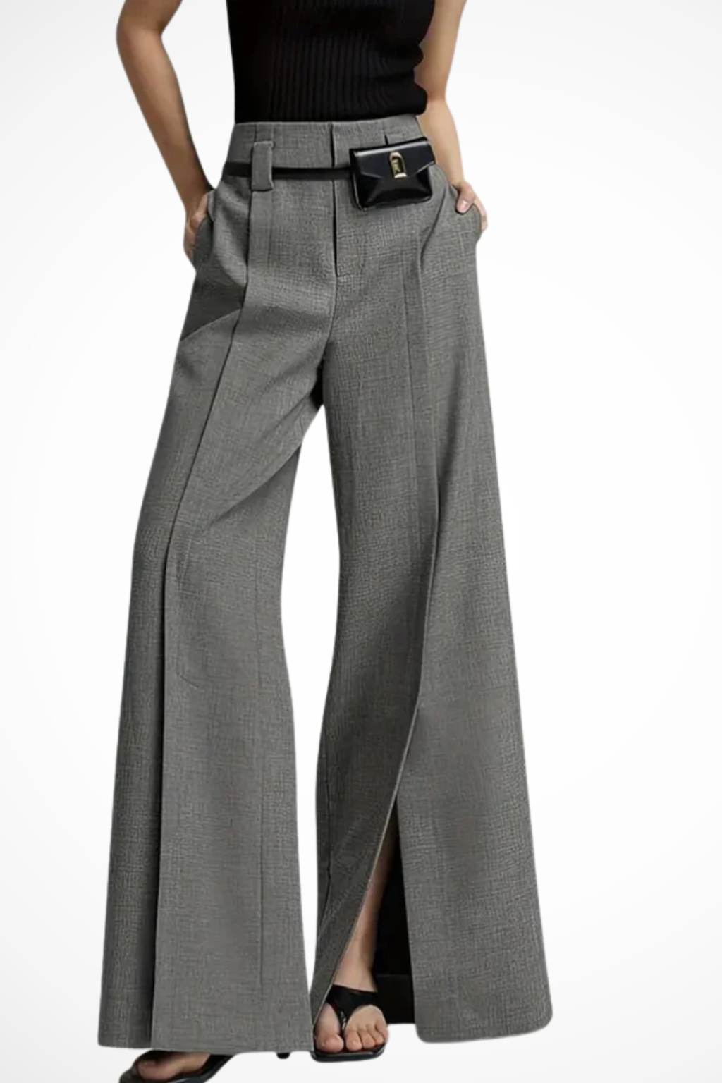 Side view of elegant women's wide leg pants, showing the modern fit and flattering high-waist silhouette.