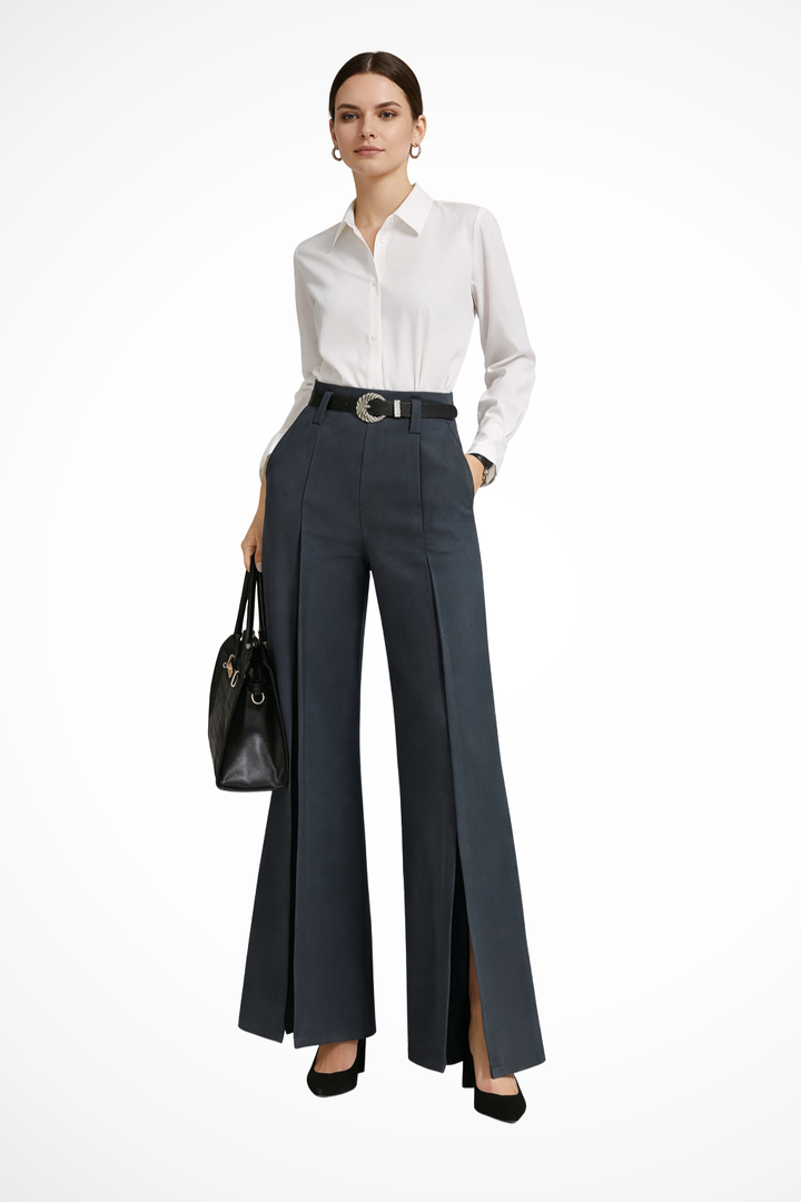Women's office wear wide leg trousers, tailored with a belt, providing a chic, professional, and comfortable style.
