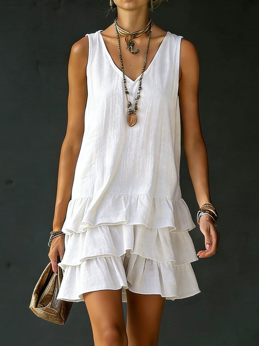 Women's tiered ruffle mini dress with V-neck, sleeveless design. Perfect casual summer or spring fashion.