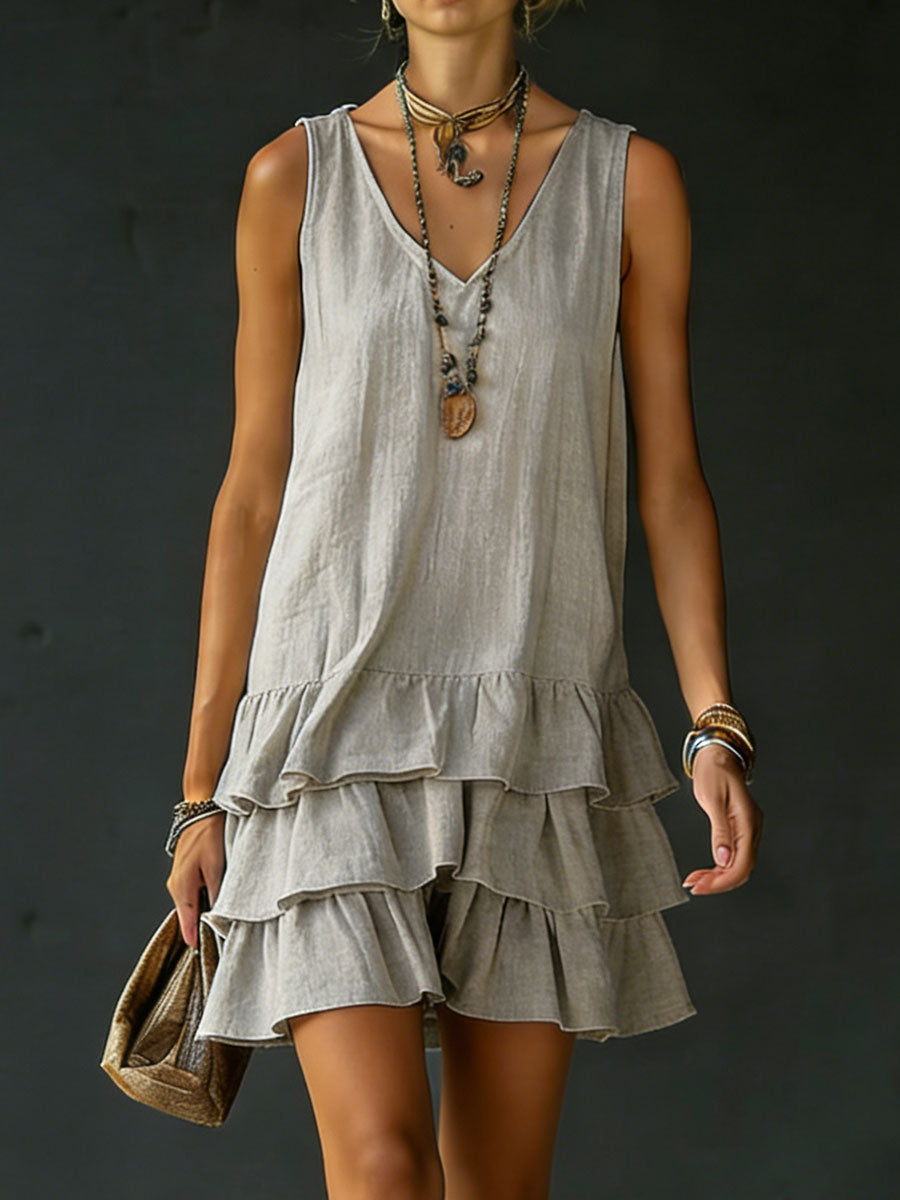 Relaxed fit women's ruffle mini dress, ideal for casual weekend wear. Versatile tiered summer dress.