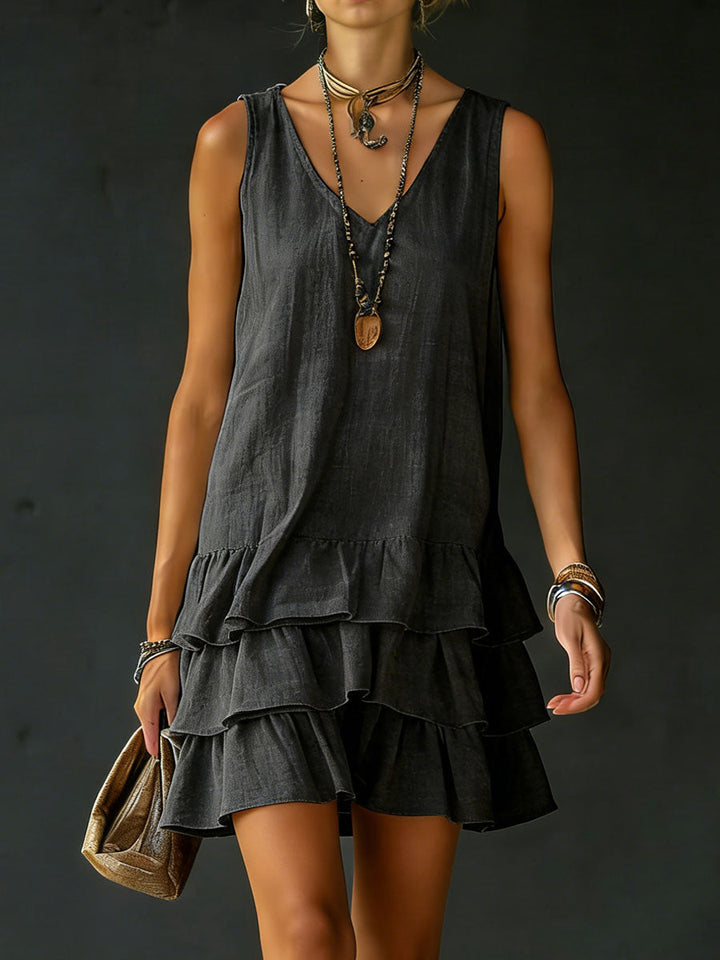 Elegant tiered ruffle mini dress, a casual sleeveless V-neck women's dress with relaxed fit.