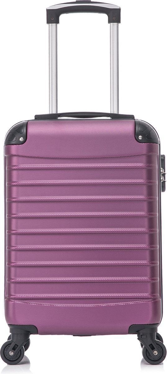 Stylish women's purple hard-shell travel bag set, featuring spinner wheels & a robust design.