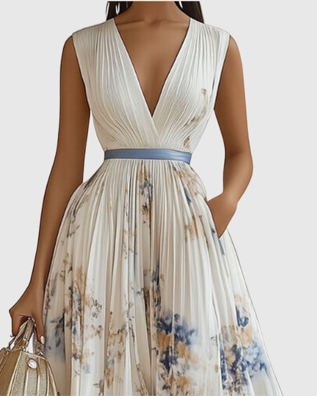 Elegant women's V-Neck A-Line midi dress with a beautiful floral print, perfect for summer fashion.