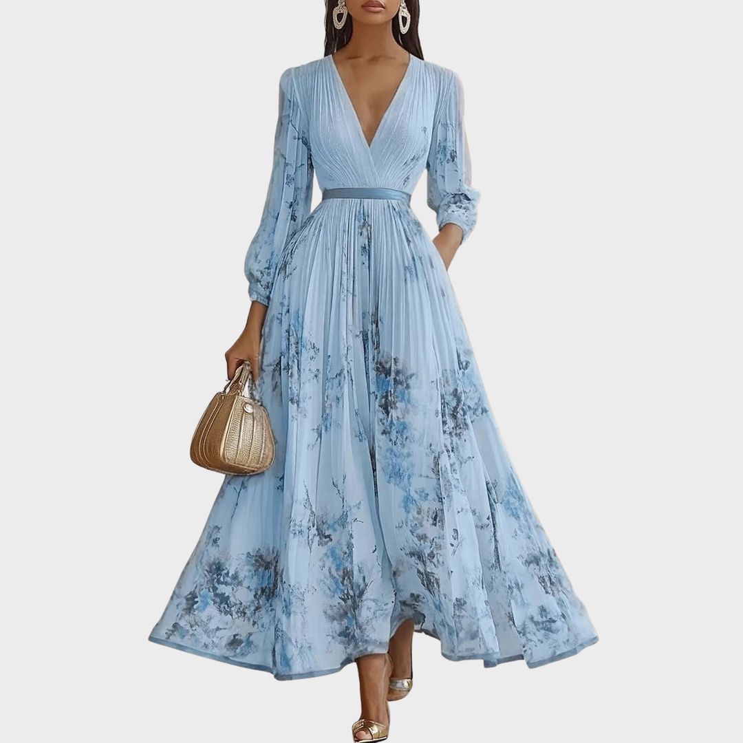 Flattering women's V-Neck A-Line midi dress with elegant pleated details & a stylish floral print.