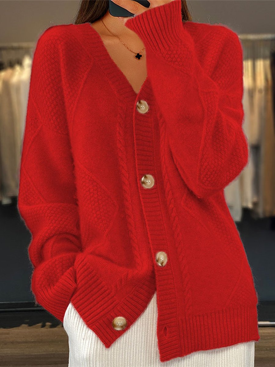 Elegant women's v-neck cable knit cardigan, perfect layering piece. Button front, cozy for casual & fall styles.