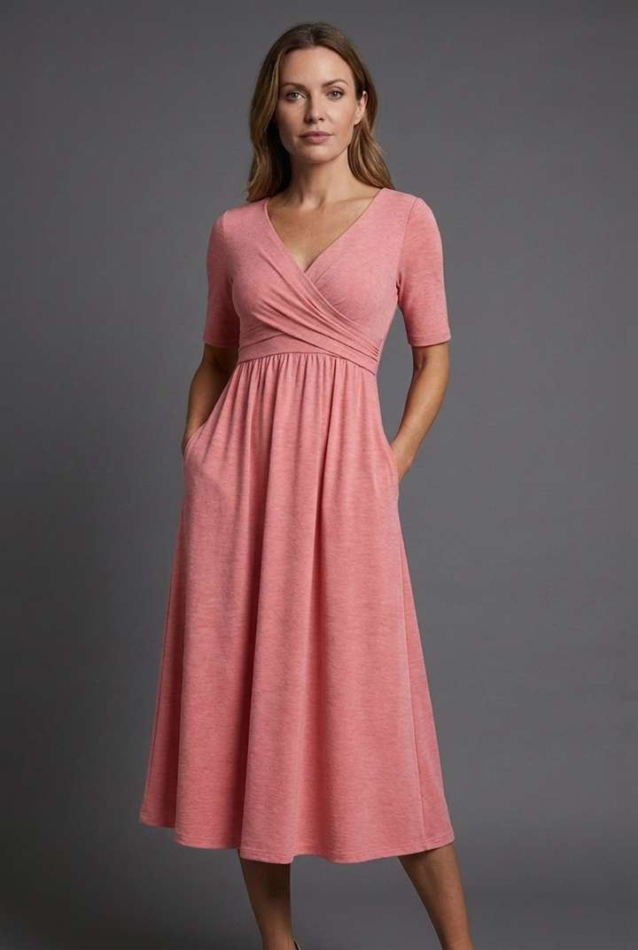 Women's V-neck wrap front midi dress with pockets. Perfect for summer, casual or elegant wear.