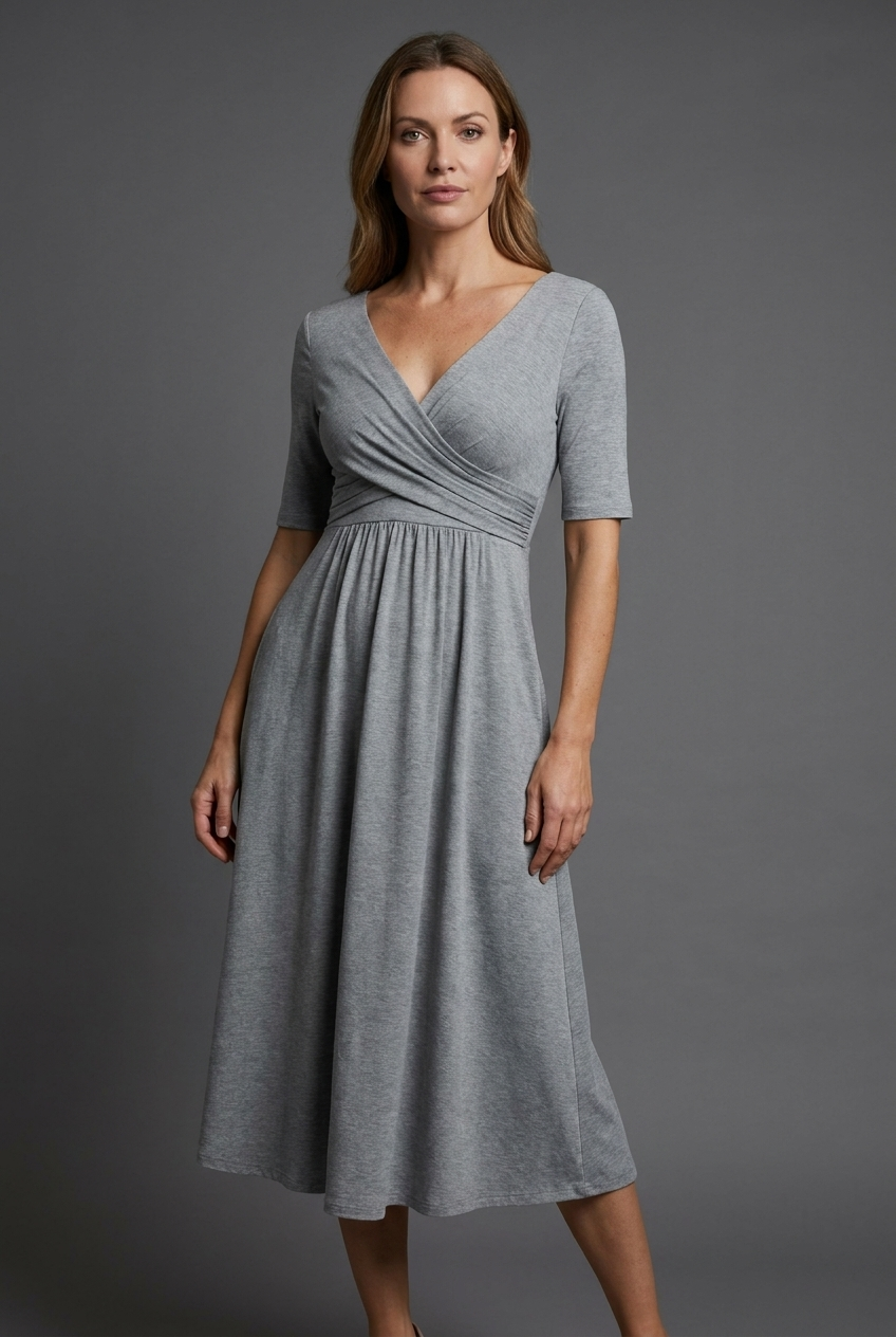 Casual women's wrap front midi dress with a V-neck and essential pockets, ideal for summer fashion.