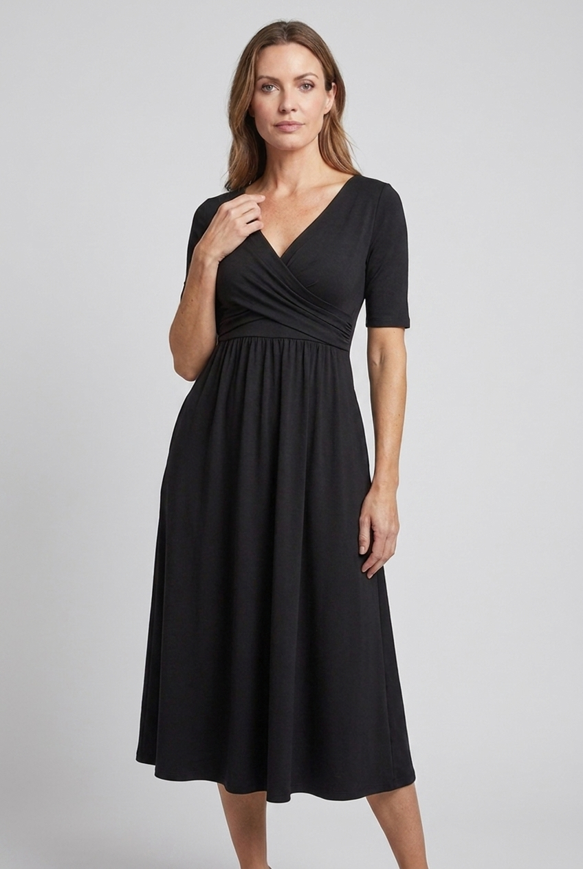 Flattering women's V-neck midi wrap dress with short sleeves & pockets. Perfect elegant or casual summer outfit.