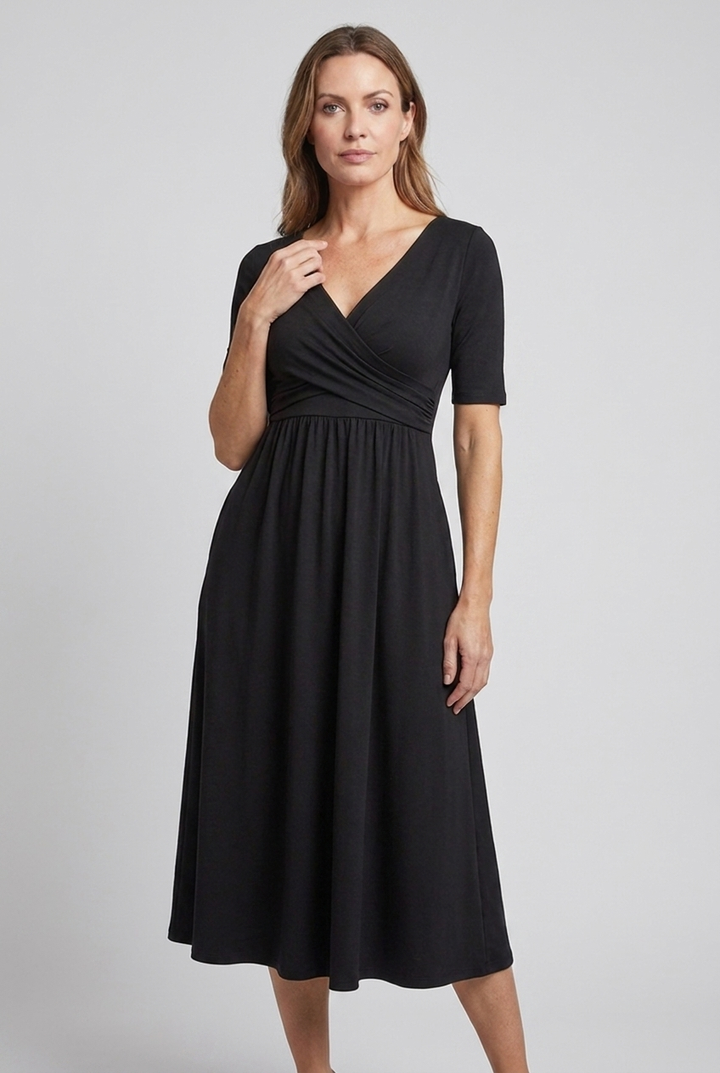 Flattering women's V-neck midi wrap dress with short sleeves & pockets. Perfect elegant or casual summer outfit.