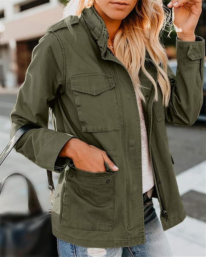 Women's versatile utility jacket in military style, perfect for everyday casual fashion & layering in fall/spring.