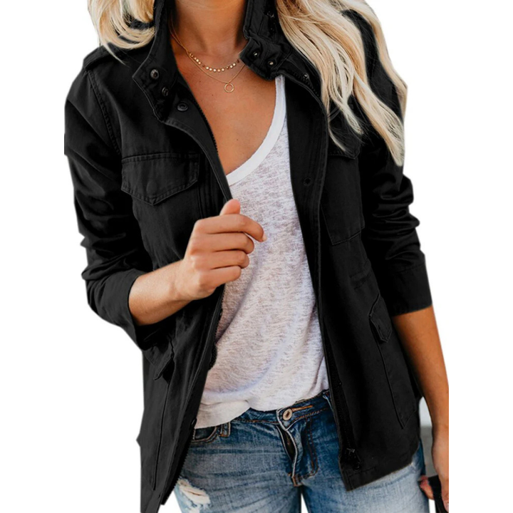 Practical women's utility coat; a durable, multi-pocket jacket for versatile everyday casual spring/fall fashion.