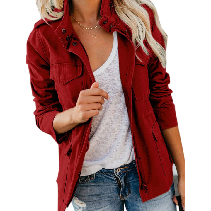 Stylish women's utility jacket, button-down with multi-pockets. Ideal casual outerwear for everyday spring/fall style.