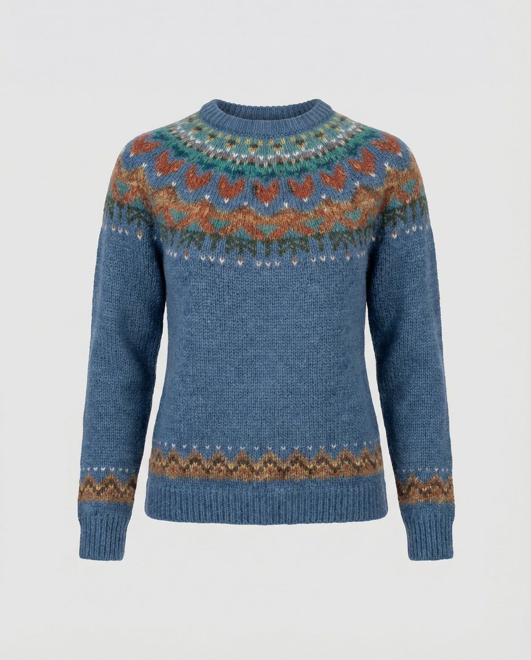 Timeless women's vintage Icelandic sweater with intricate Nordic patterns, offering cozy comfort and warm apparel.