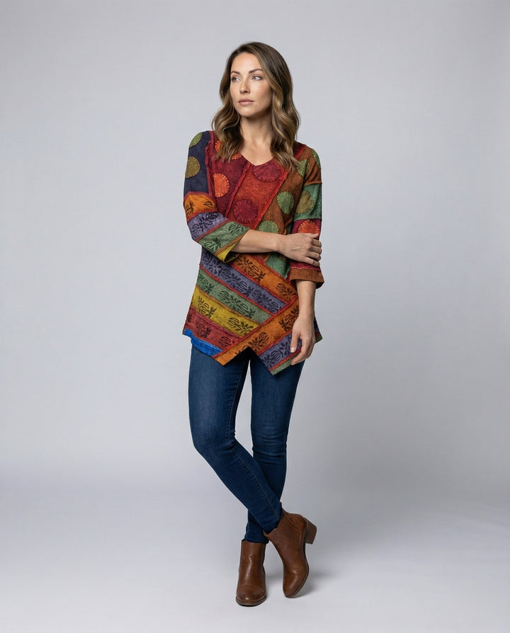 Women's vintage V-neck long sleeve top, elegant and versatile for casual wear.