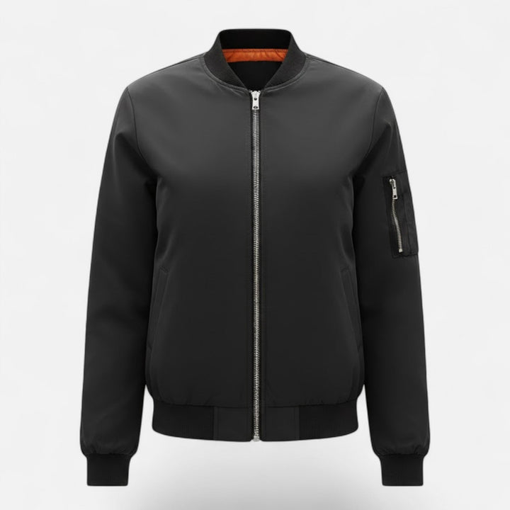 Women's vintage zip bomber jacket, perfect fall fashion outerwear for ladies.