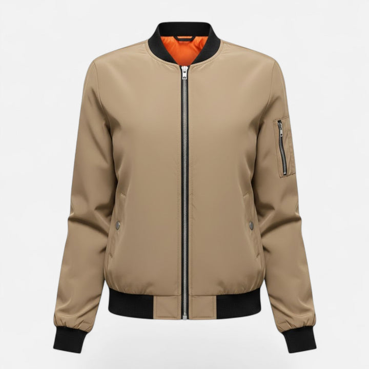 Womens vintage style zip bomber jacket, a must-have for fall outerwear trends.