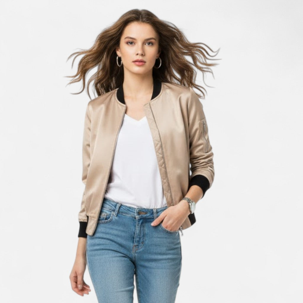 Stylish women's vintage zip bomber jacket, perfect for casual fall fashion looks.