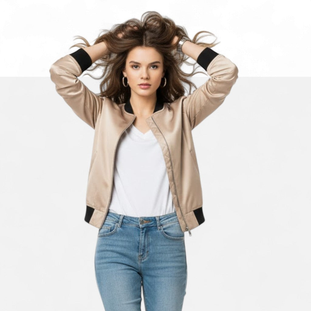 Retro-inspired women's bomber jacket with zip, great for autumn layering.