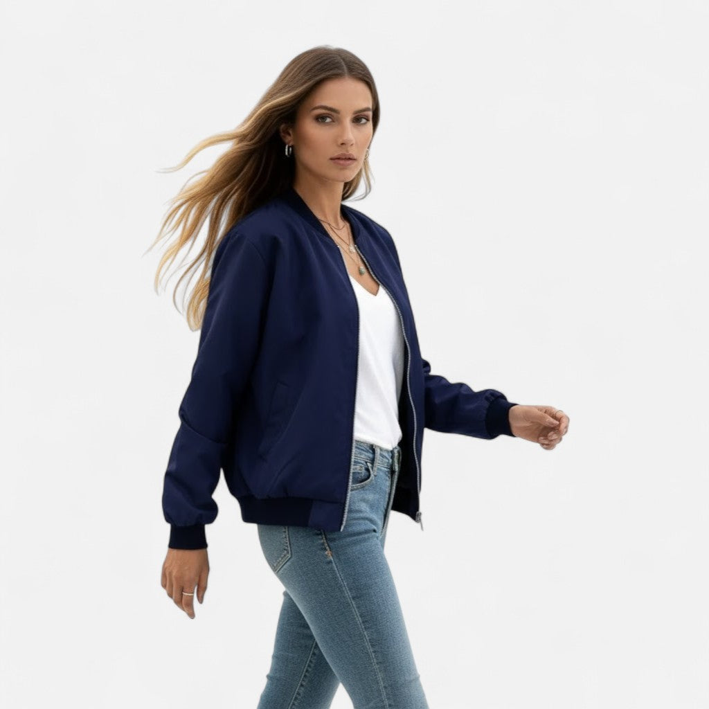 Solid color women's vintage zip bomber jacket, comfortable autumn outerwear style.