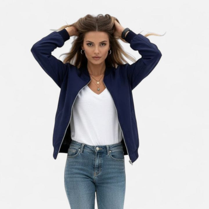 Women's vintage zip bomber jacket, sophisticated fall fashion for all ladies.