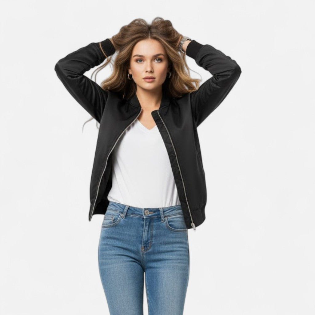 Casual everyday women's long sleeve vintage zip bomber jacket, versatile fashion.