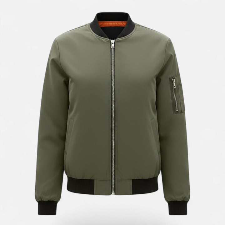 Versatile ladies vintage zip bomber jacket, ideal for fall fashion & outerwear.