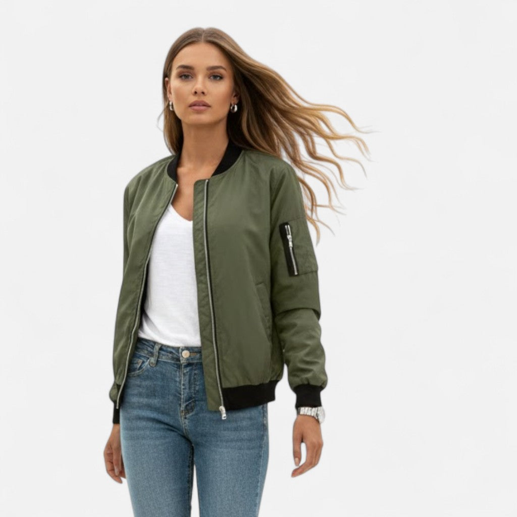 Solid color women's vintage zip bomber jacket, a stylish fall essential piece.