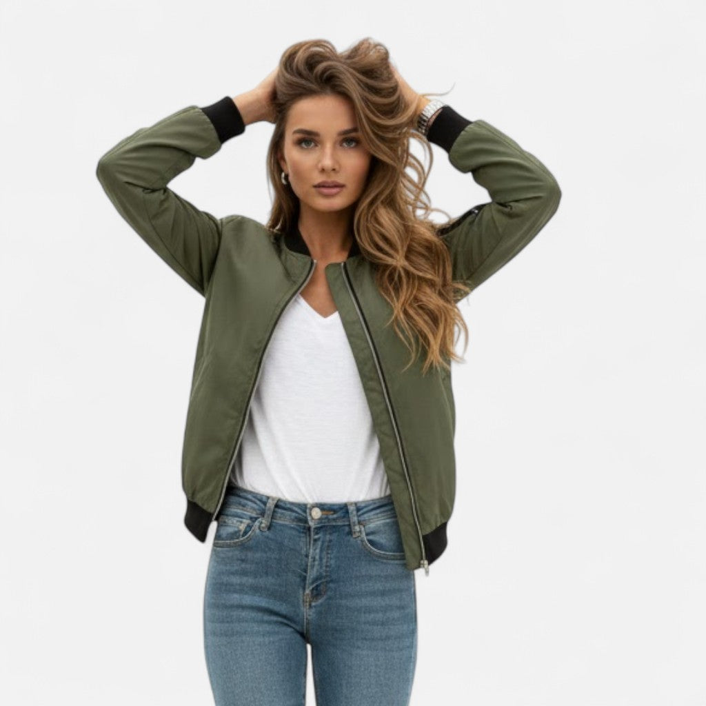 Elegant women's retro-style zip bomber jacket, perfect for autumn casual wear.
