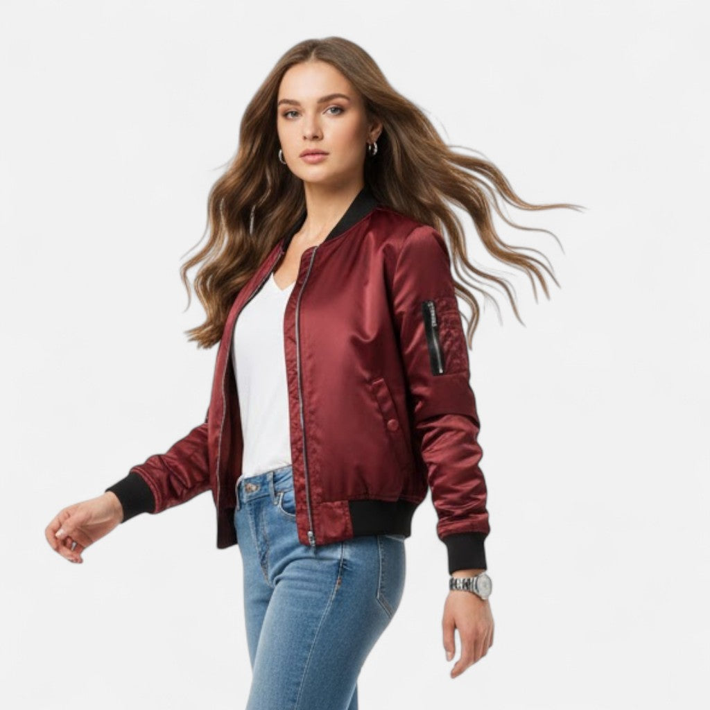 Classic women's vintage zip bomber jacket, sophisticated and versatile fashion.
