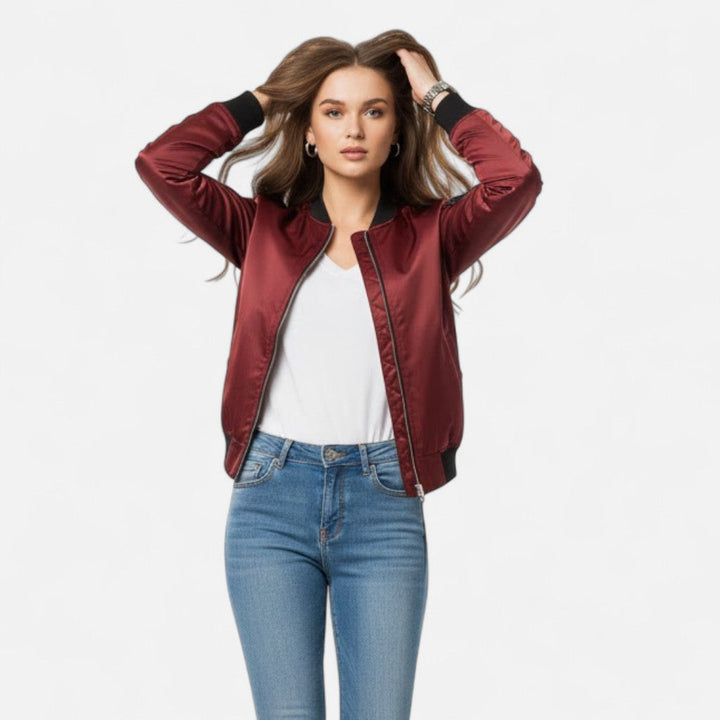 Long sleeve women's vintage bomber jacket with zip, ideal for autumn styling.