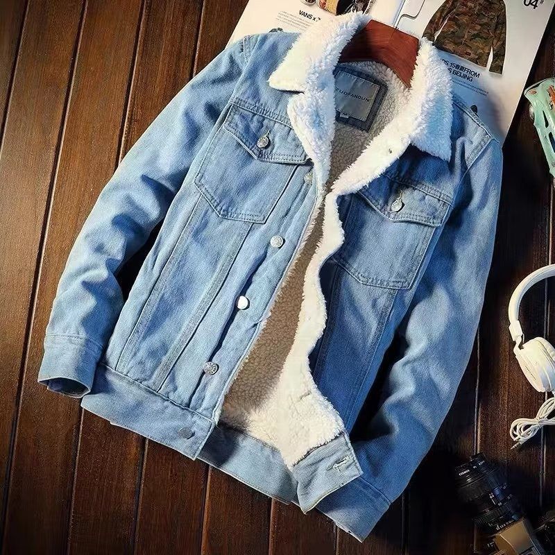 Cozy women's denim jacket with warm fleece lining. Chic and trendy for fall and winter style. Slim fit outerwear.