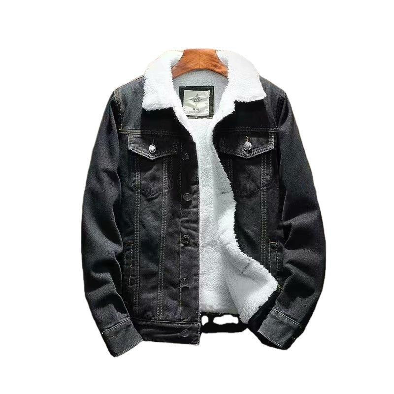Chic women's warm fleece-lined denim jacket. Perfect for stylish winter and fall fashion. Cozy, slim-fit outerwear.
