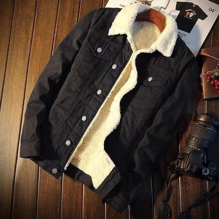 Trendy women's denim jacket, warm fleece-lined. Essential stylish outerwear for cozy winter & fall fashion. Casual fit.