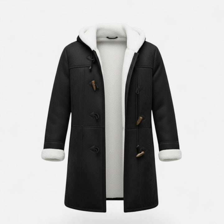 Women's warm hooded winter coat with button-front closure & pockets. Stylish outerwear for cold weather.
