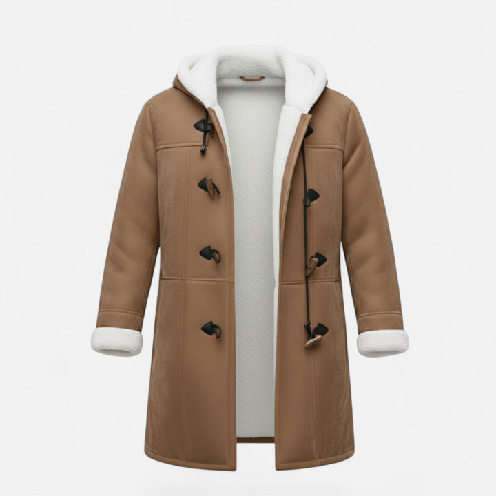 Elegant women's warm coat. Hooded for extra protection, button-front for classic style, with pockets.