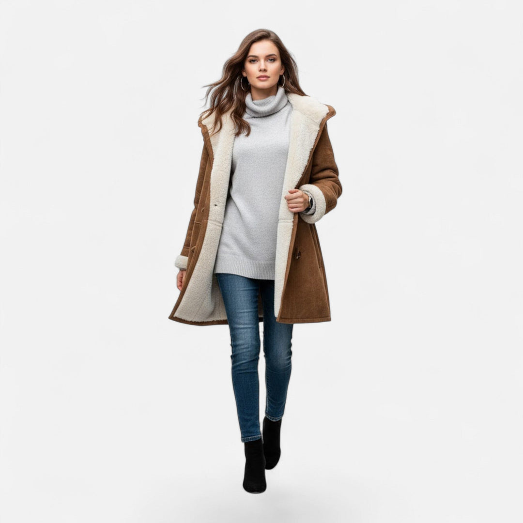 Front open view of a women's warm hooded button-front winter coat, showing interior lining.