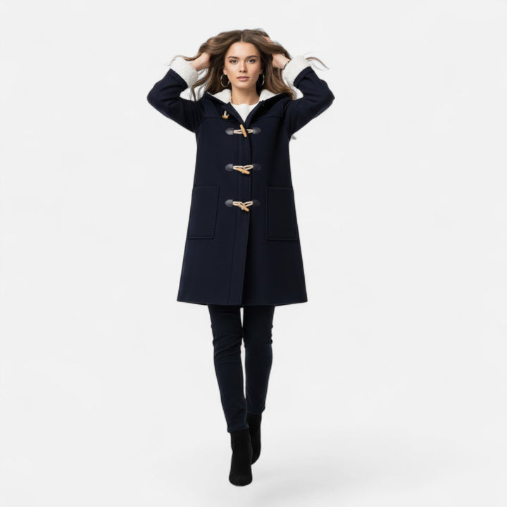 Elegant women's fall/winter coat. Hooded, button-front design with functional pockets for everyday wear.
