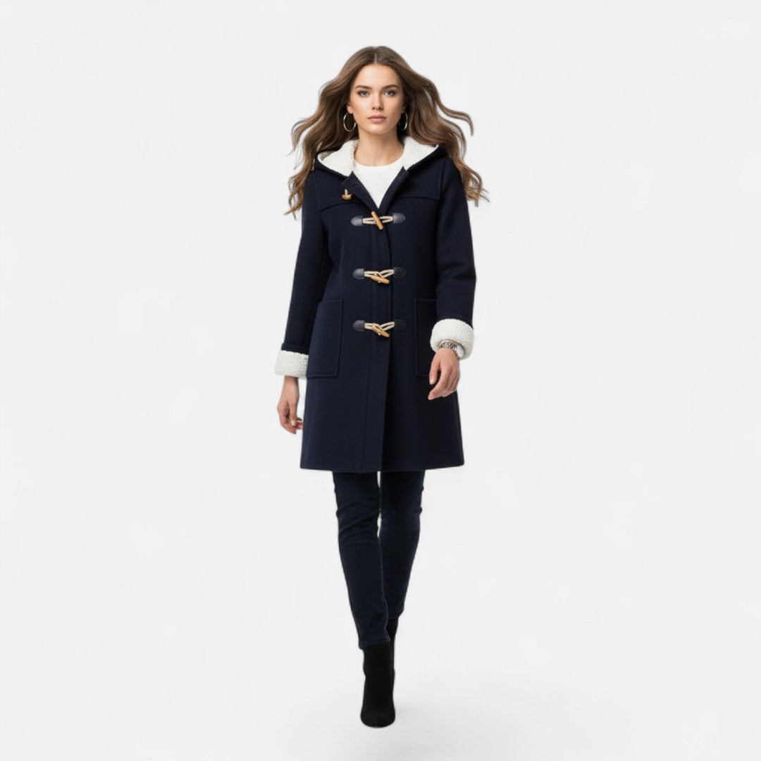 Stylish women's warm jacket. Button-front, cozy hood, and practical pockets, perfect for winter fashion.