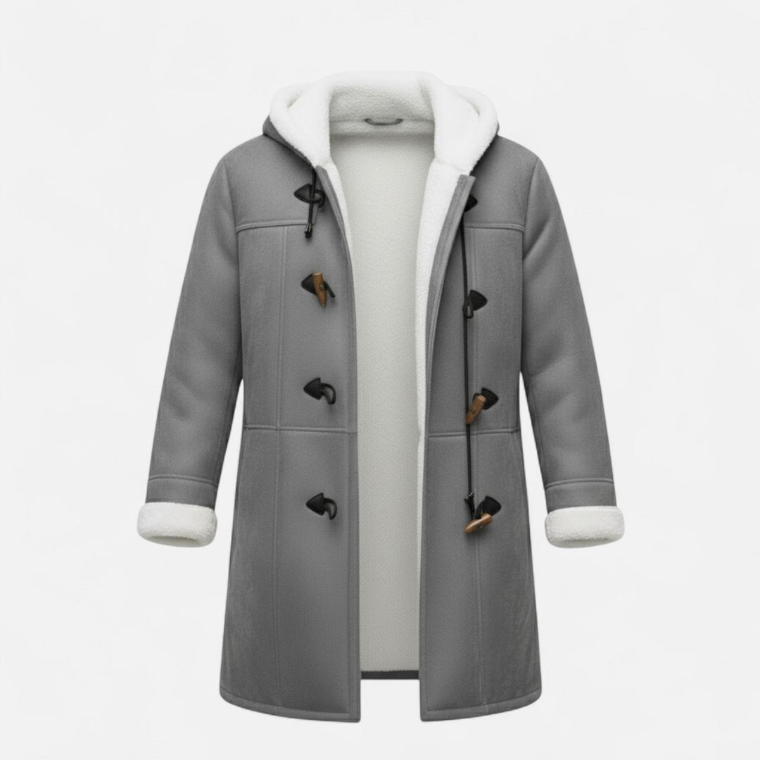 Full-length view: Women's warm hooded winter coat, button-front, featuring handy side pockets.