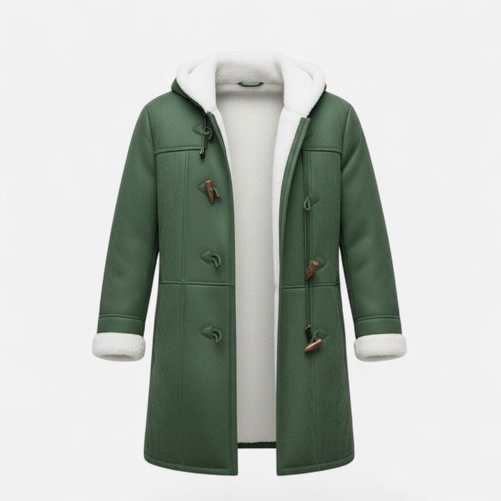 Women's elegant hooded button-front winter coat. A warm outerwear staple for chilly fall days.