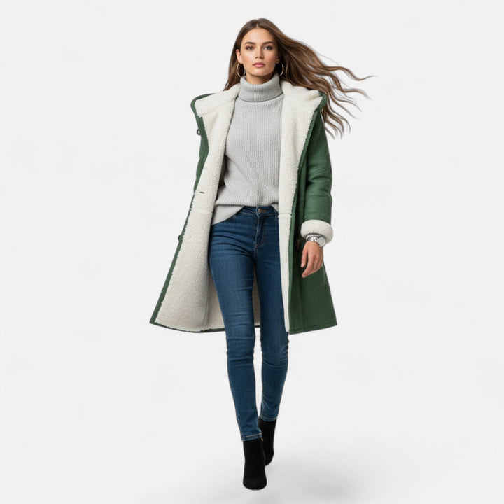 Side view of a women's warm hooded winter coat, showing silhouette and practical pockets.