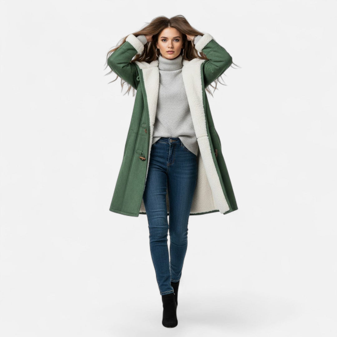 Back view of a stylish women's warm winter coat with a protective hood.