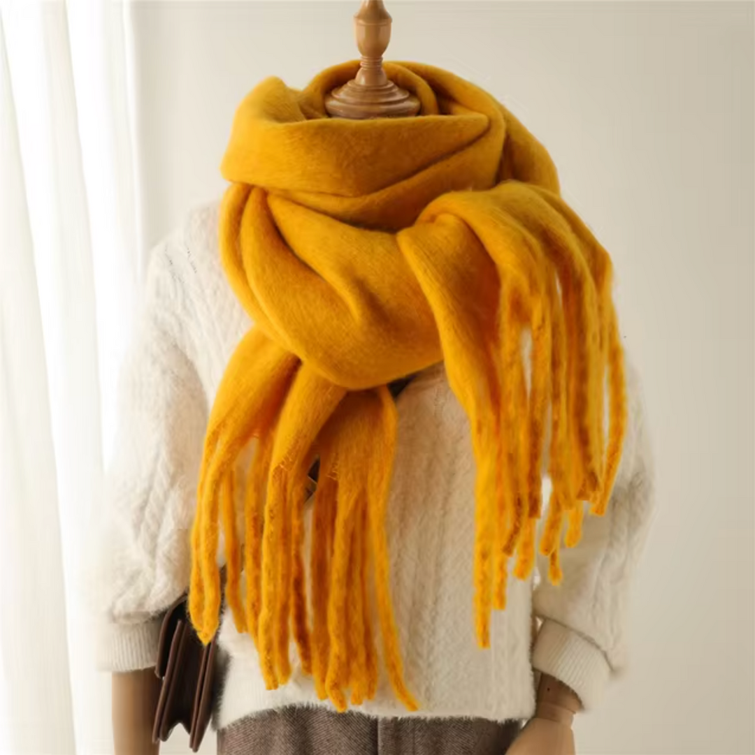 Elegant women's fashion scarf, a warm winter accessory with soft fabric & fringes.