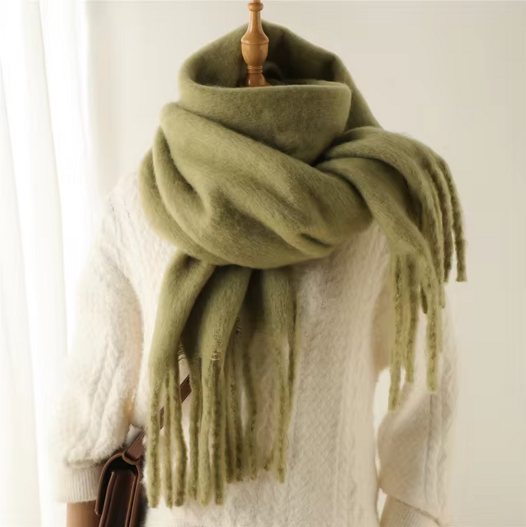 Stylish women's warm winter scarf, a cozy pashmina-style wrap with fringes for cold weather.