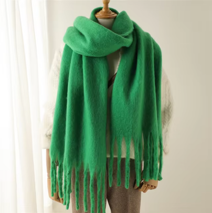 Multi-use women's winter shawl, a warm & cozy accessory with elegant fringes.