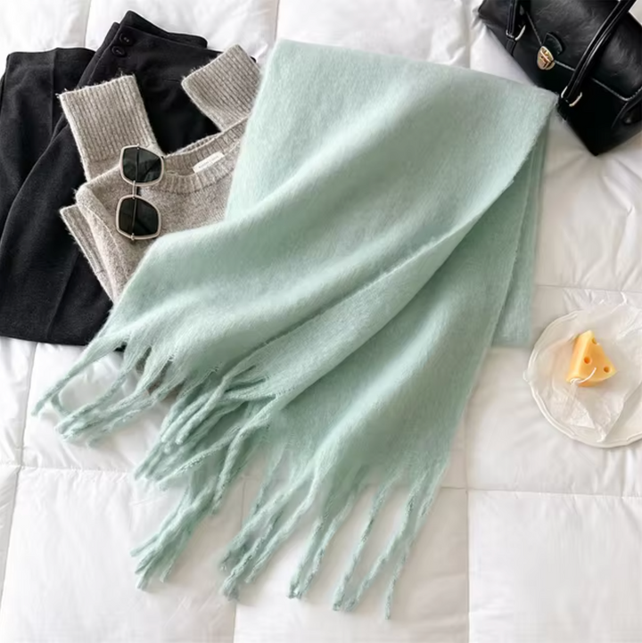 Elegant women's winter scarf, warm & cozy pashmina-style wrap with fashionable fringes.